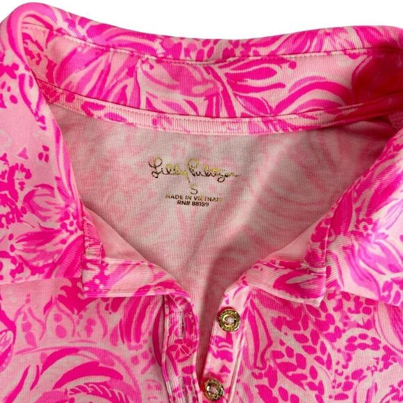 Lilly Pulitzer Small Reema Long Sleeve Polo Shirt Pink Bloom Foxy Llama - Picture 4 of 8